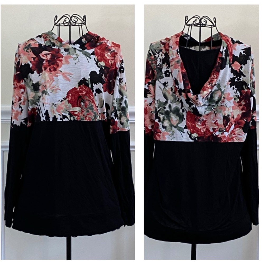 Pink Coconut Boutique Pullover Mixed Media Floral Hoodie Top